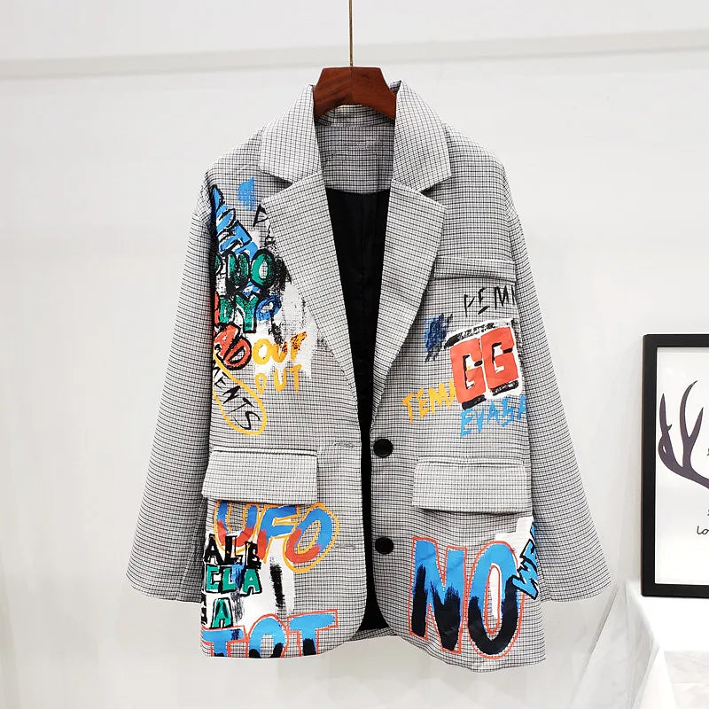 New Autumn Fashion Plaid Suit Blazer Women Letter Graffiti Print Outerwear Female Casual Suit Jacket Female Chic Korean Coats Gray(As picture)