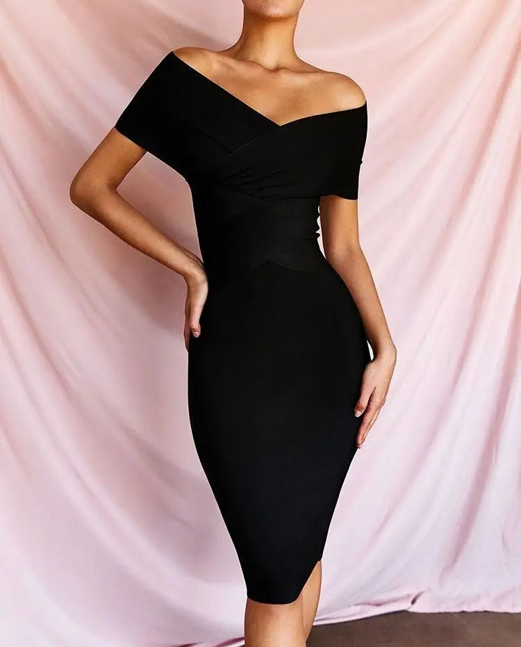 New Summer Women Bodycon Sexy Off The Shoulder Rayon Bandage Dress Club Dress Midi Celebrity Party Dress black
