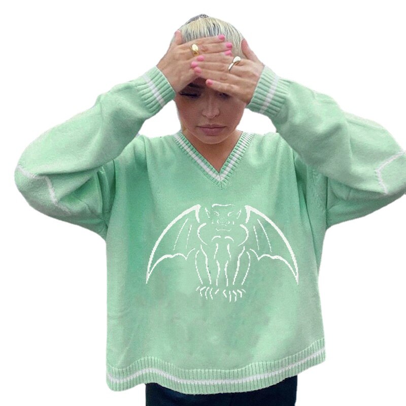 Y2K Oversized Sweater Pullover Ladies Casual Loose Printed Knitted Sweater Retro College Style Halloween Street Fall Winter 2021 20540 green