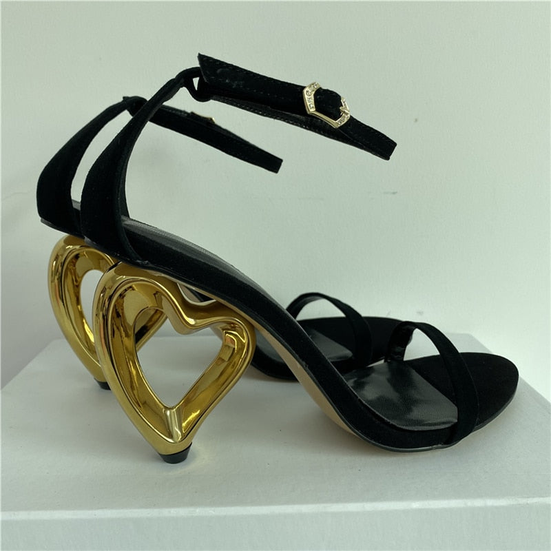 Unique Fretwork Heart-Shaped Heel Sandals Women 2024 Concise One-strap Strange Heels Summer Party Shoes Woman Black Suede