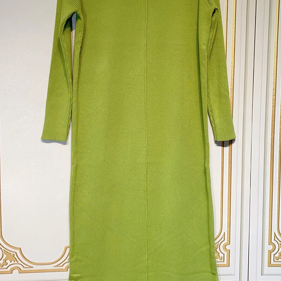 2024 Casual Midi Knit Dress Women's O-neck Long Sleeve Split Straight Dresses 2023 New Autumn Pure Color Knit Vestidos light green