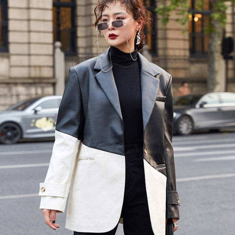 Korean Hit Color PU Leather Jacket For Women Notched Long Sleeve Patchwork Casual Blazers Female Fashion New Fall