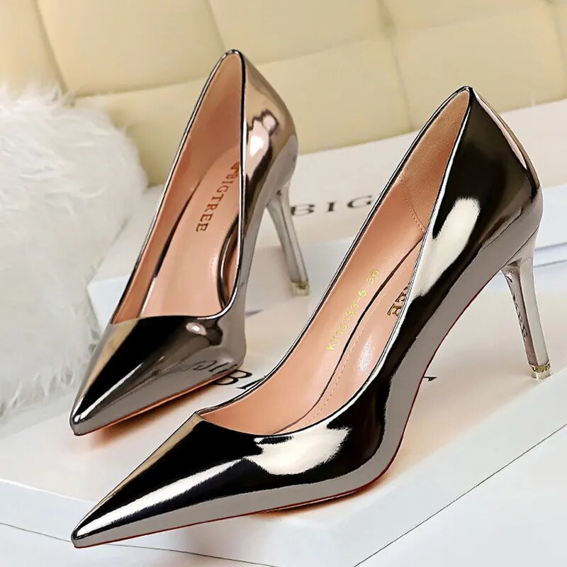 Shoes Woman Pumps Patent Leather High Heels Shoes Women Basic Pump Wedding Shoes Female Stiletto Women Heel Plus Size 43 9511-A7-Bronze7.5cm