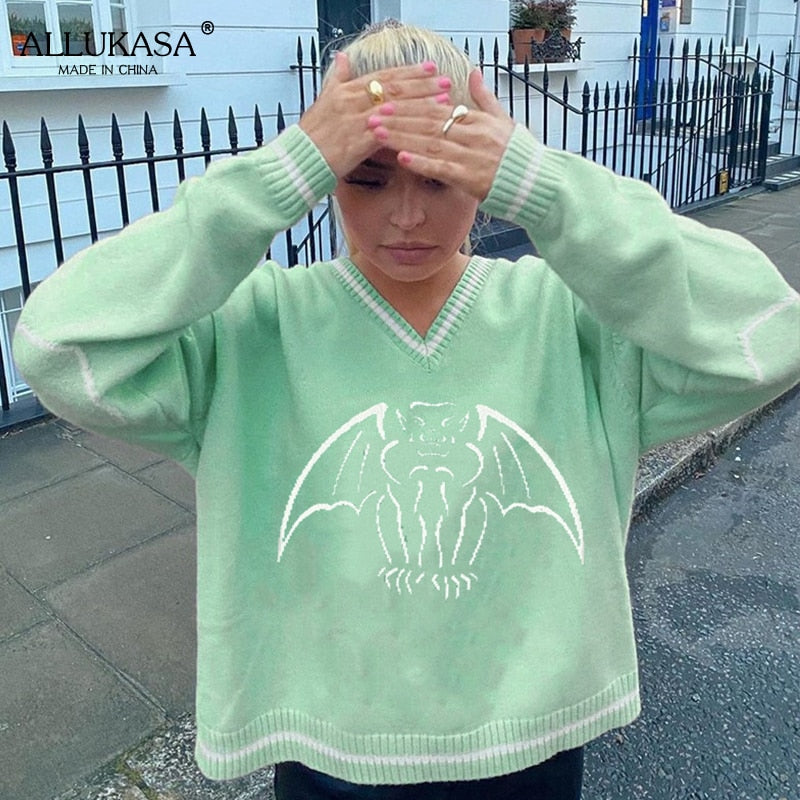 Y2K Oversized Sweater Pullover Ladies Casual Loose Printed Knitted Sweater Retro College Style Halloween Street Fall Winter 2021