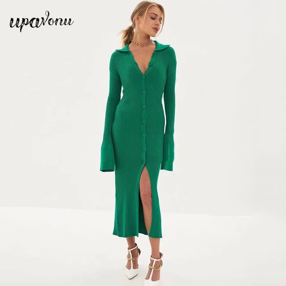 2025 Autumn Bodycon Dress Sweater Knitted Green Women Sexy Midi Split V Neck Long Sleeve Casual Dresses Party Vestidos