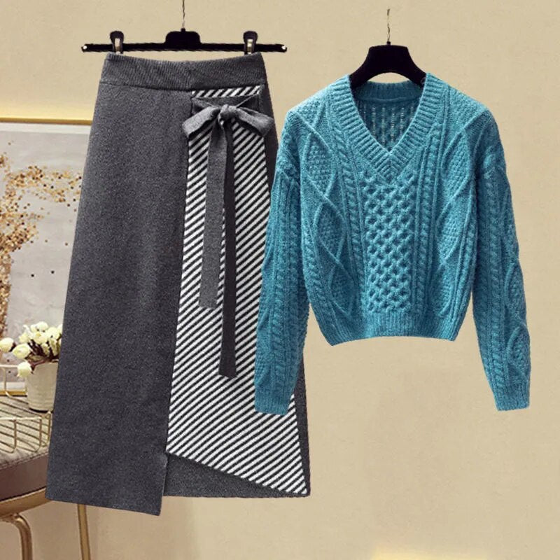 Women Autumn Winter Warm Knitted Two Pieces Sets Korean Long Sleeve Pullover Sweater Top And High Waist Skirts Sets