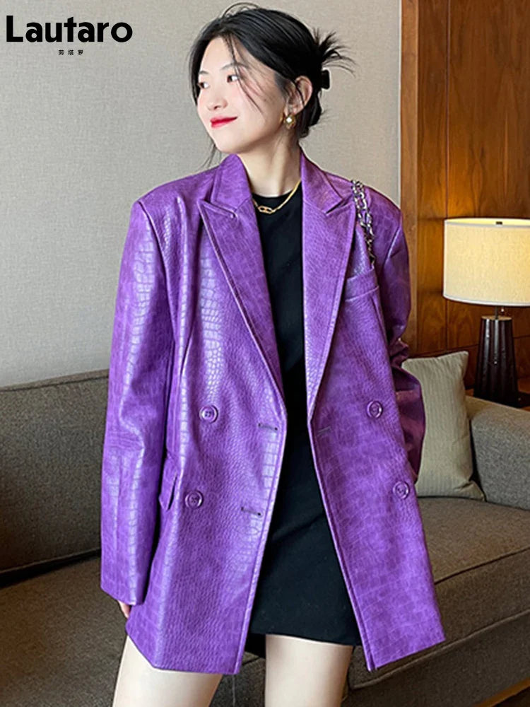 Autumn Oversized Shiny Purple Crocodile Pattern Faux Leather Blazer Women Long Sleeve Double Breasted Y2K Jacket Fashion