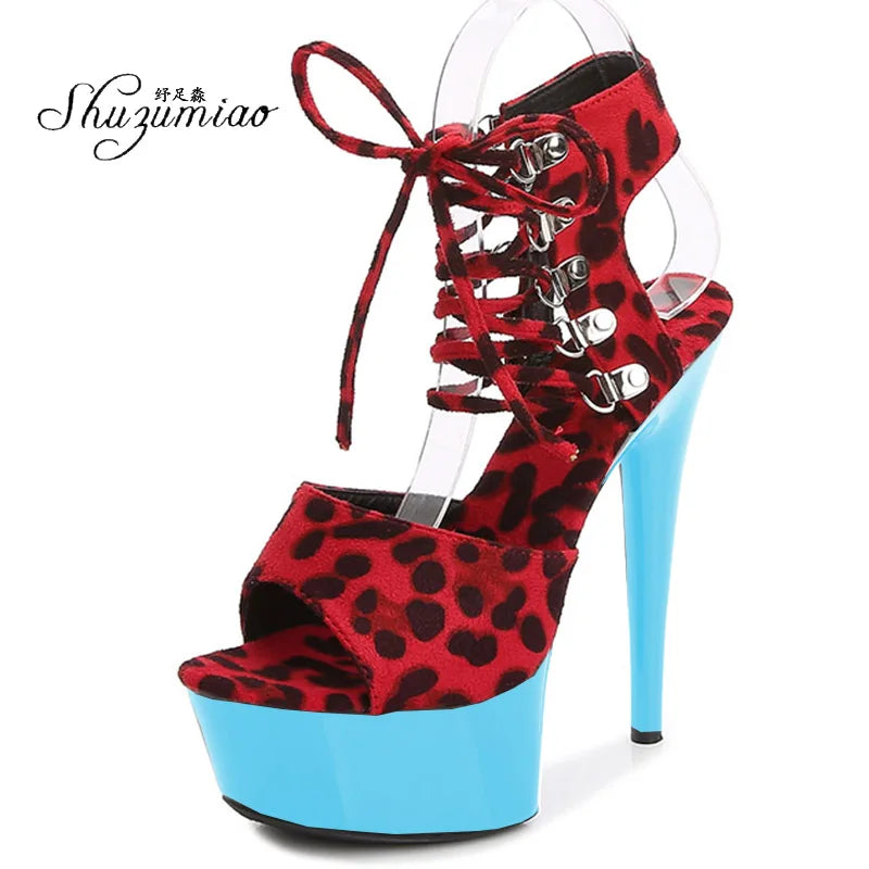 Fashion Shoes Women Stripper Shoes Platform Sandals Girls Leopard Clear High Heels Shoes Strap Sandal Femmes Sandales