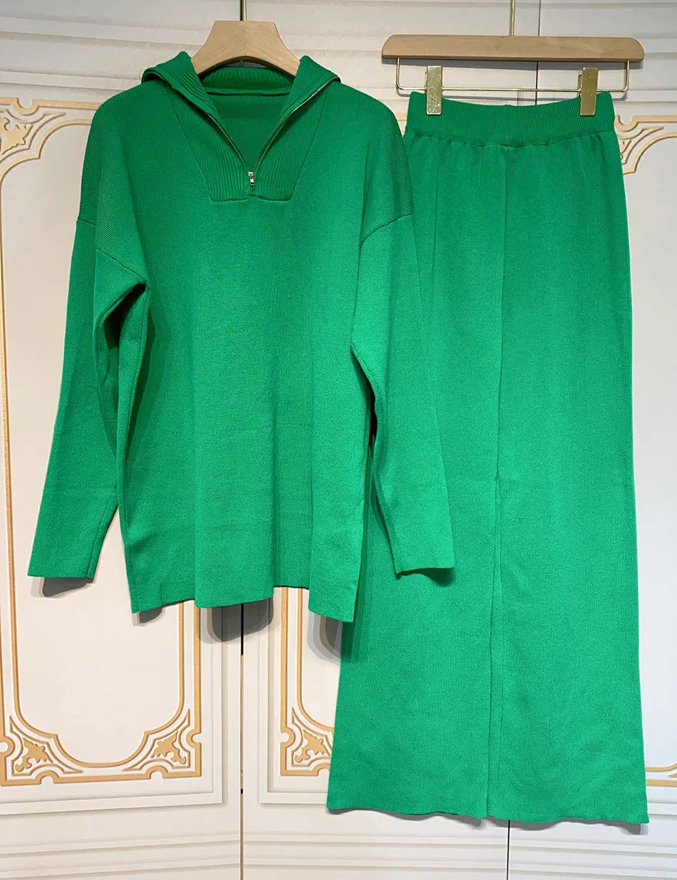 2024 Casual Autumn Loose Knit Sweater Set Fashion Zip Lapel Long Sleeve Pullover Sweater & Straight Pants Two-piece Set green