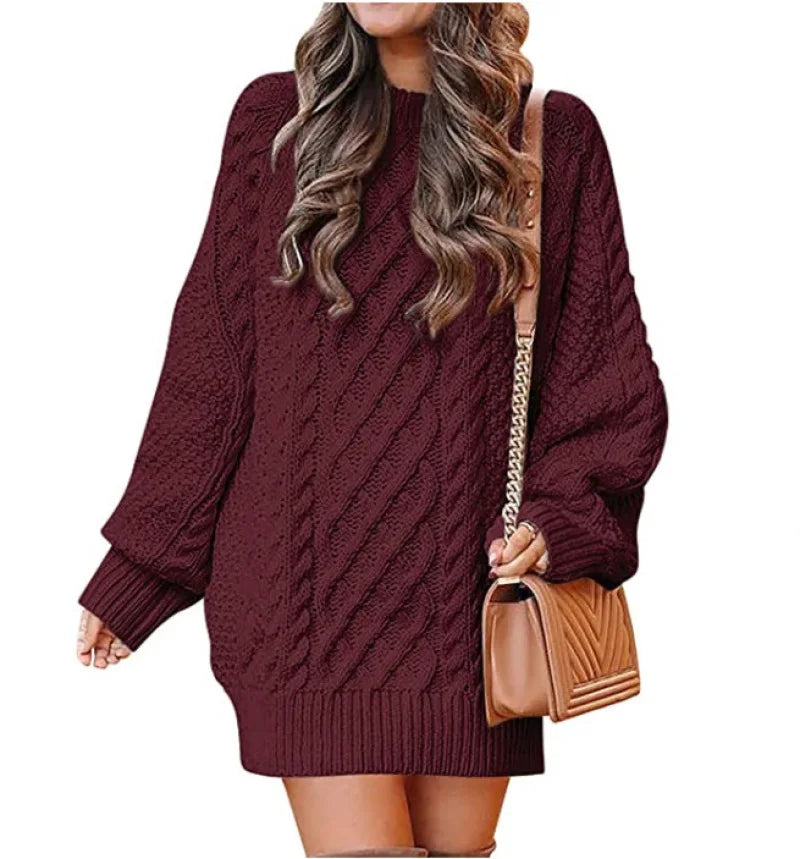 13 Colors Women Crewneck Long Sleeve Oversized Tops Cable Knit Chunky Pullove Thick Autumn and Winter Sweater Dresses Wine red