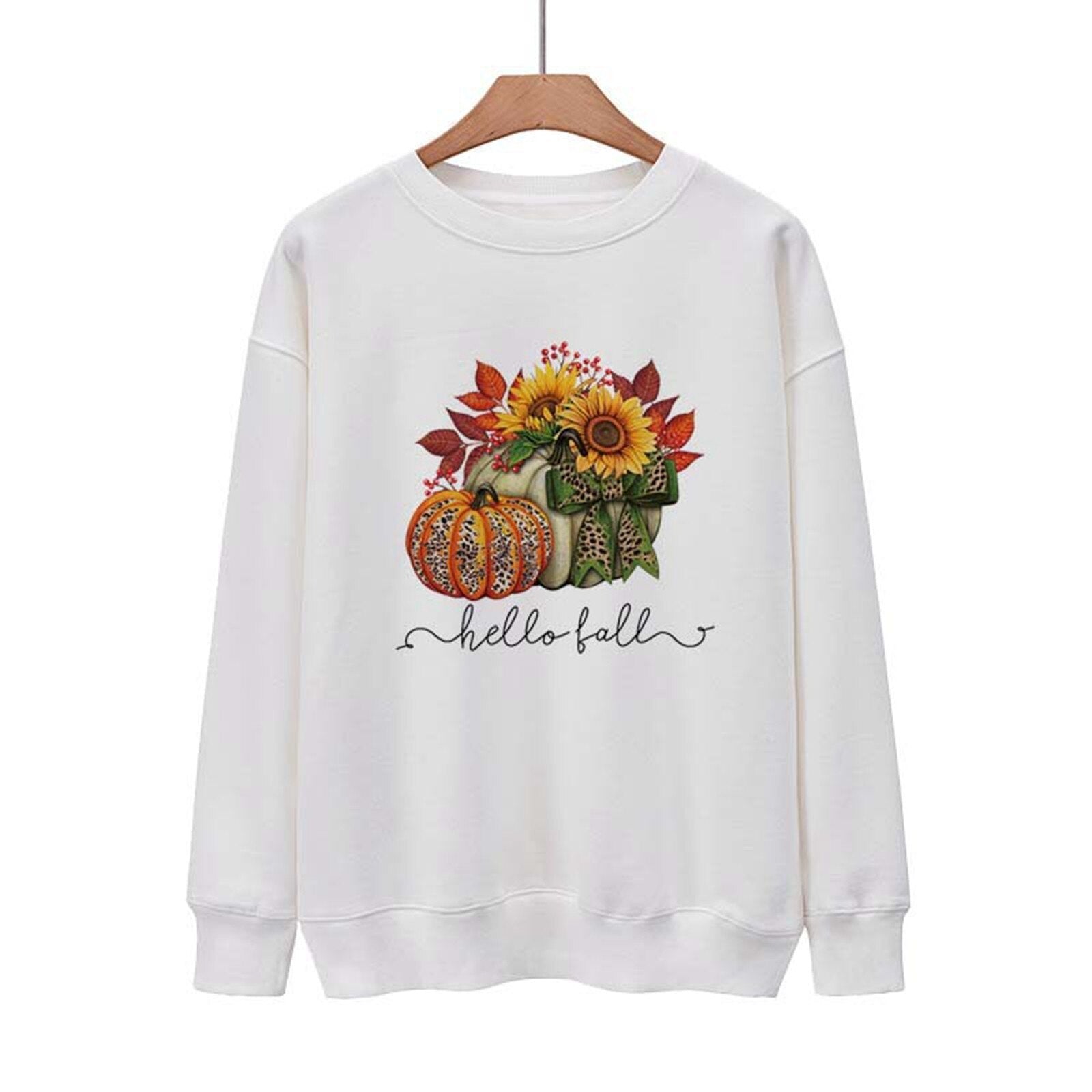 Hello Fall Women's Halloween Sweater Loose Fit Casual Pullover Top Sweater with Front Zipper White