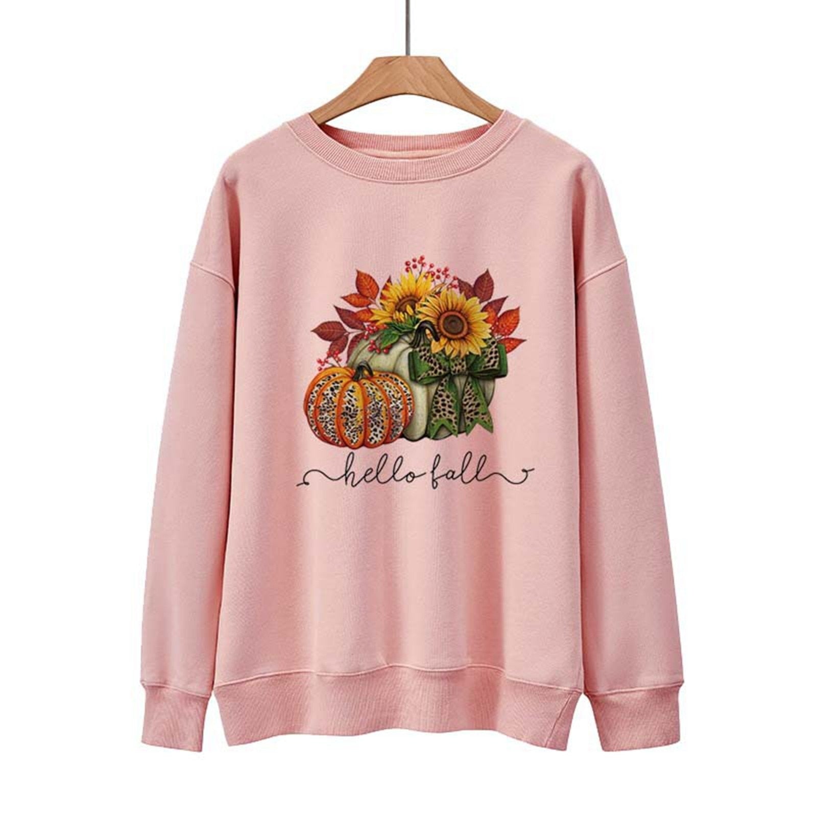 Hello Fall Women's Halloween Sweater Loose Fit Casual Pullover Top Sweater with Front Zipper Pink