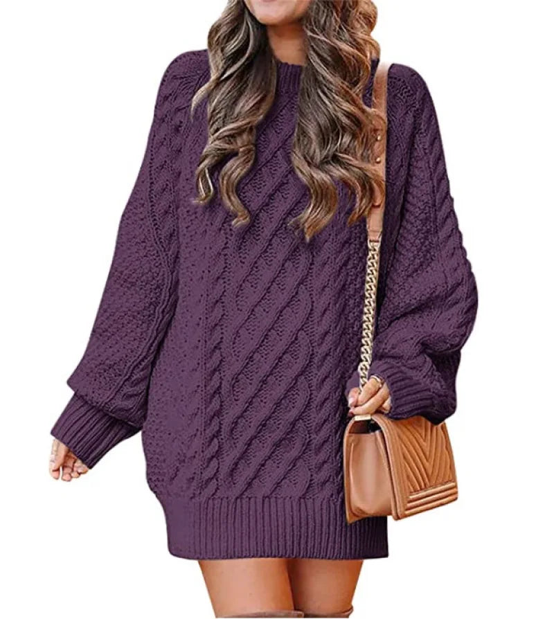 13 Colors Women Crewneck Long Sleeve Oversized Tops Cable Knit Chunky Pullove Thick Autumn and Winter Sweater Dresses Purple
