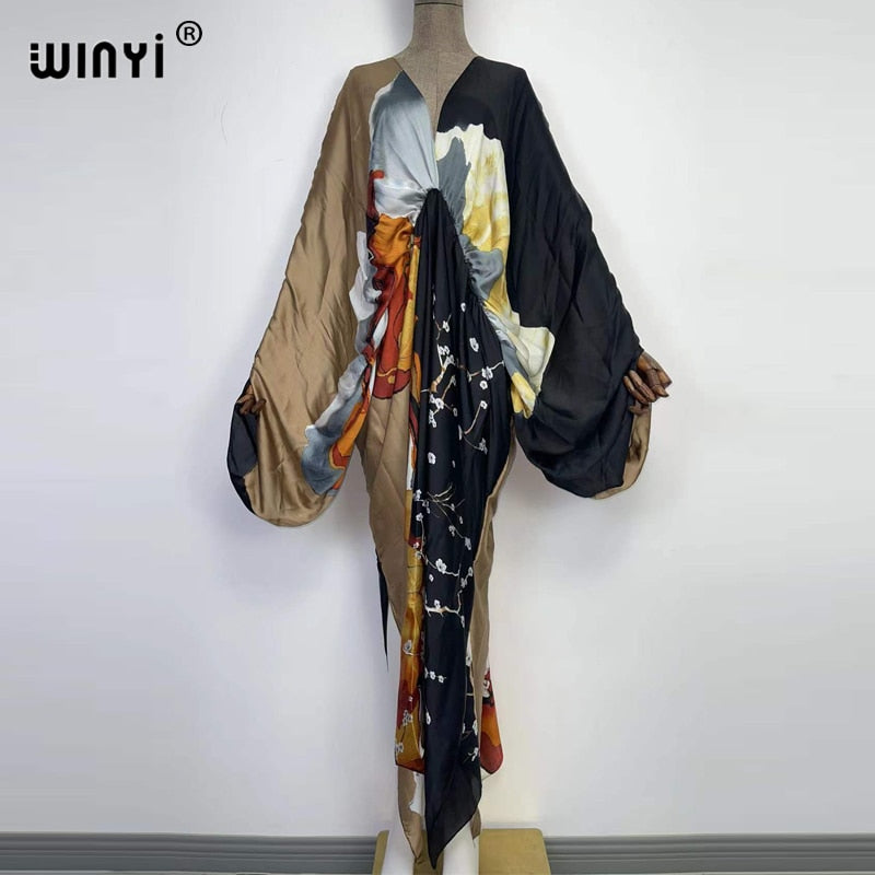 Sexy bech high-quality hand-rolled feel silk rayon fashion print 2024 WINYI Maxi Women's robes long beach V-neck Bohemian dress 12 One Size