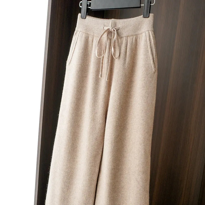 Women Pants 100% Australian Wool Knitted Wide Leg Pant 2021 Winter New Fashion Warm Long Trousers Pure Woolen Female Leggings Light camel