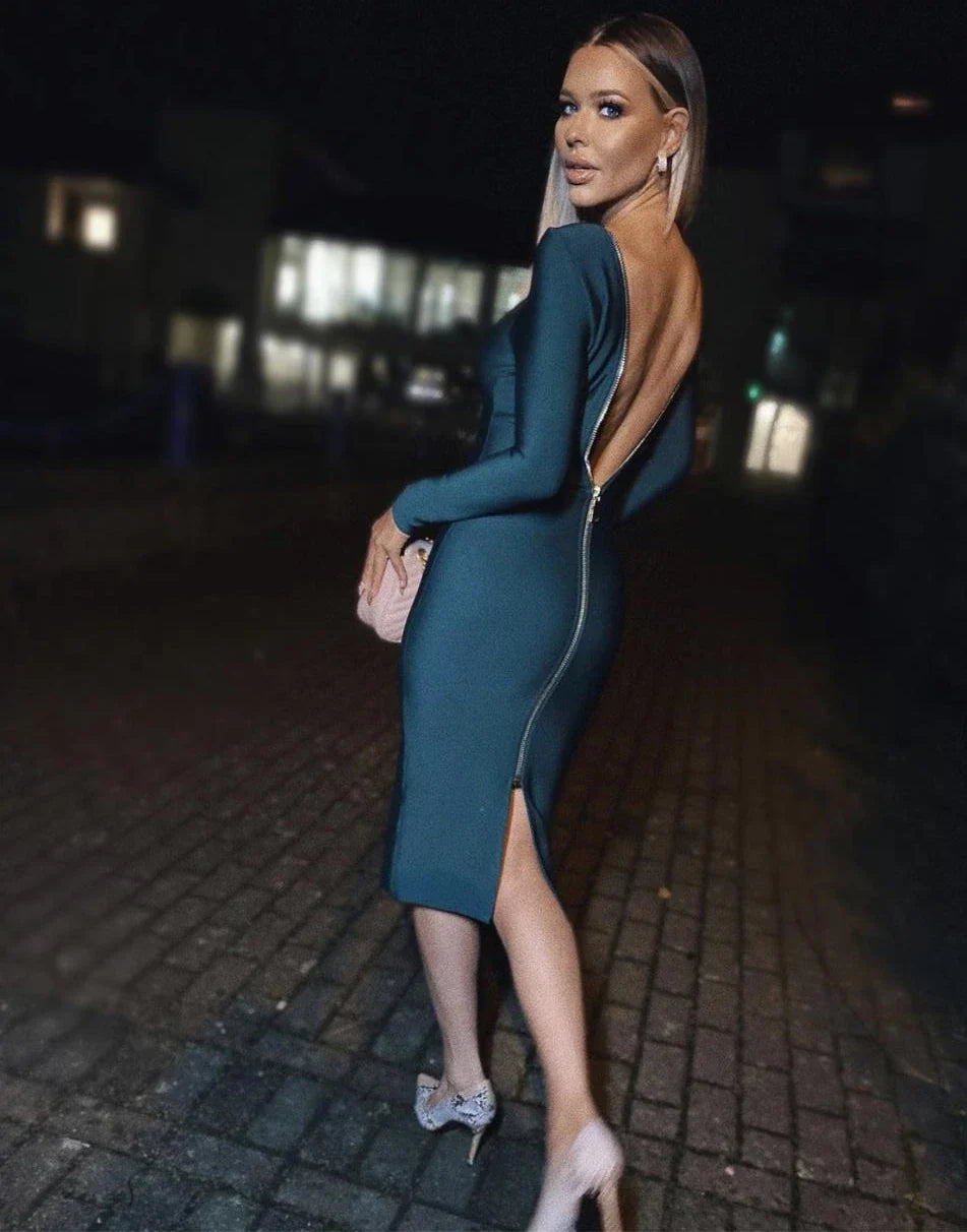5 Colors Winter Style 2021 Sexy Long Sleeve Backless Zipper Midi Red Bodycon Bandage Dress Fashion Evening Party Dress Vestido