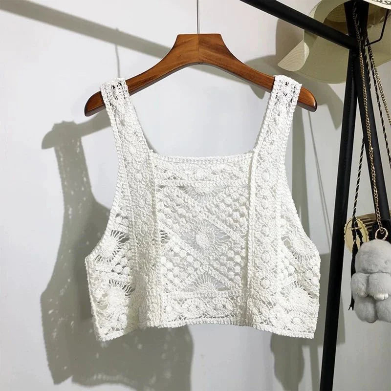 Women Vintage Crochet Camisole Bohemian Hollow Out Geometry Floral Knitted Vest Slim Sleeveless Crop Top Beachwear