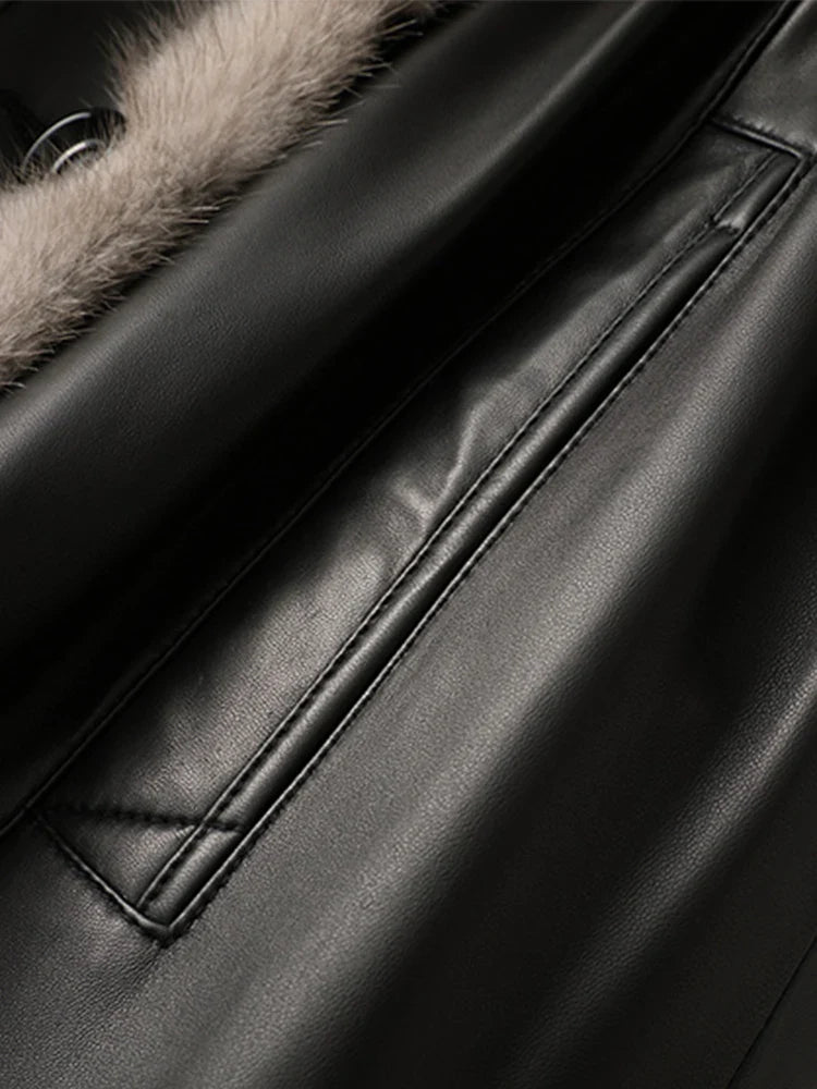 Winter Long Warm Thick Black Leather Coat Women with Fur Inside Elegant Luxury Faux Fur Lined Jacket Parka Fashion 2021