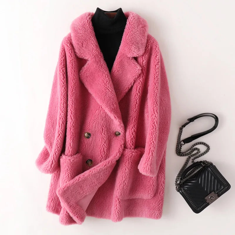Real Fur Coat Australian Womens Natural Wool Coats Thick Warm Elegant Loose Large Size Long Outwear For Women Rose Red