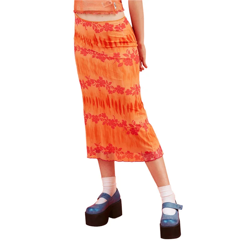 Women's Y2K Printed Midi Skirt 90s Hurajuku High Waist Cute E-Girl Streetwear Summer Goth Maxi Long Pencil Skirts