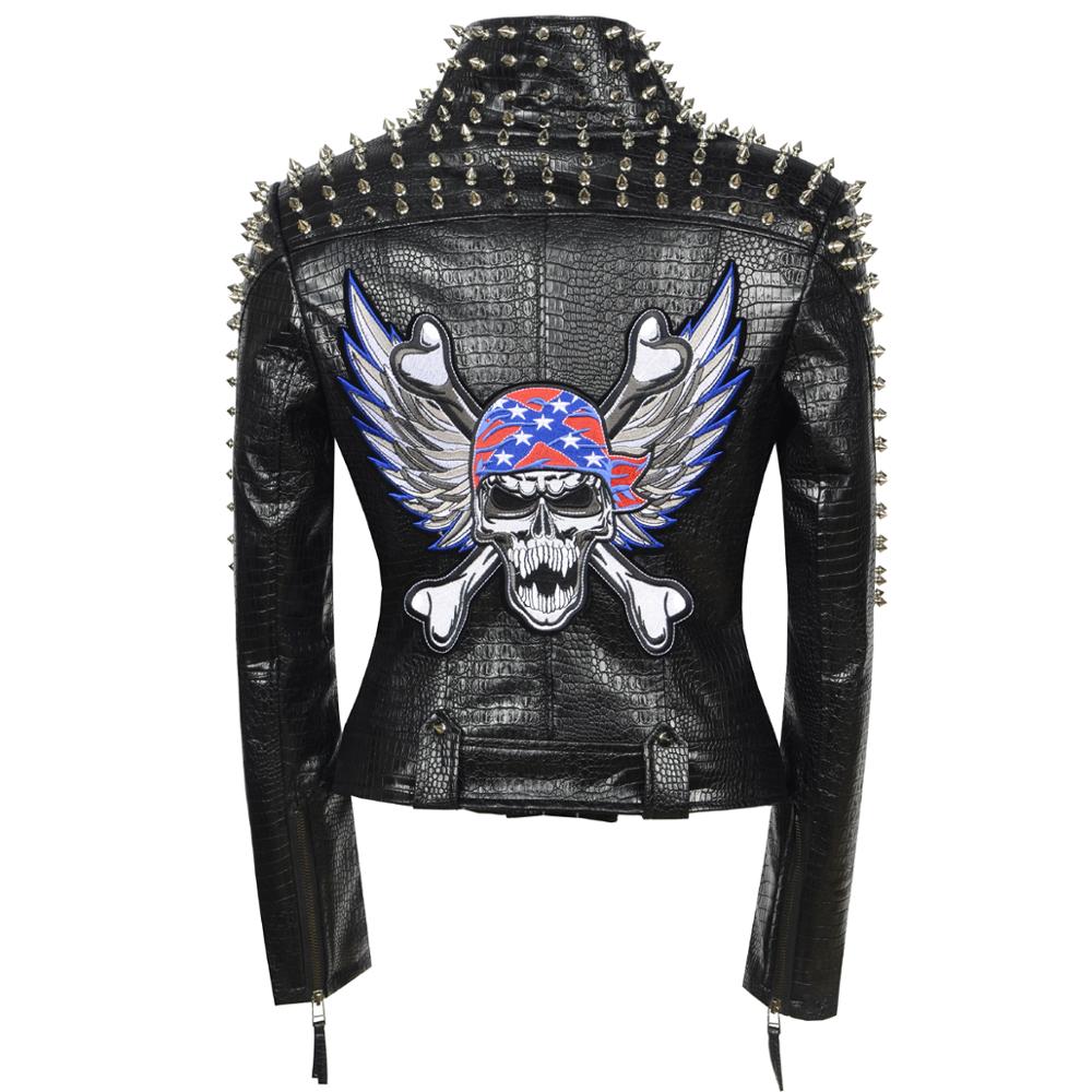 SX Occident Fashion women Club hot style Stud slim fit jacket shoulder rivets zip stitching short PU leather rock coat ying1