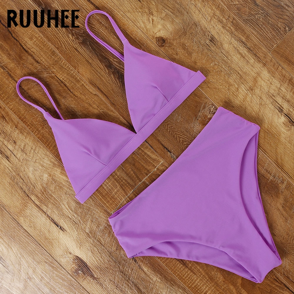 RUUHEE 2024 Bikini Swimwear Swimsuit Women Solid Bathing Suit Green Neno Bikini Set With Pad Female High Waist Beachwear Biquini