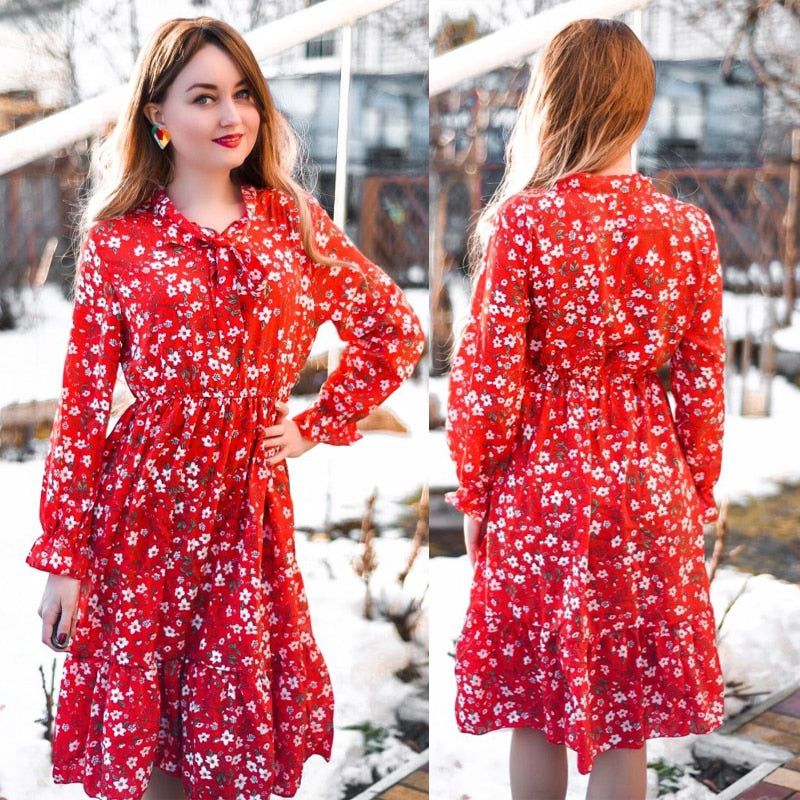 Plus Size Women's Clothing Long Sleeve Chiffon Shirt Dresses For Women Red Bow Floral Club Party Autumn Winter платье Woman