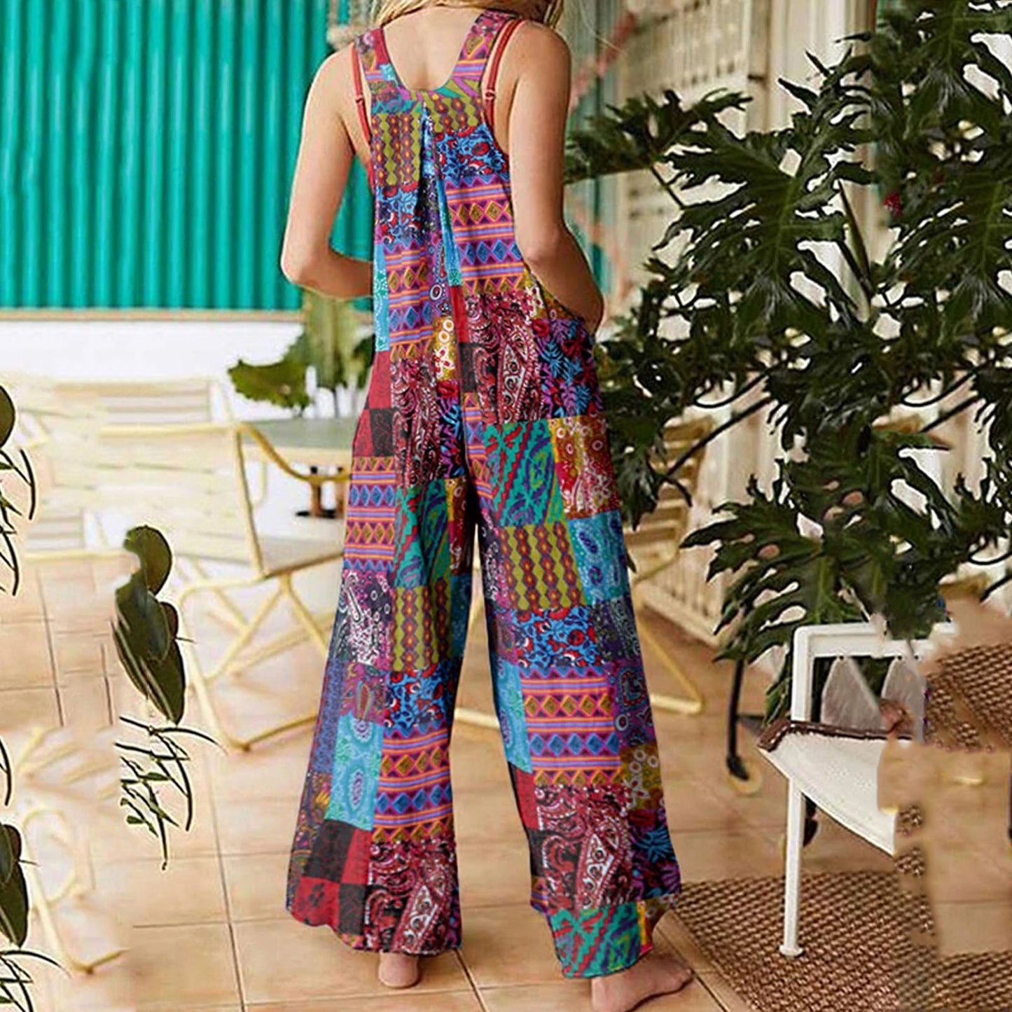 Women Ethnic Style Jumpsuits Summer Overalls Multicolor Square Neck Sleeveless Casual Rompers with Pockets for Girls Playsuit