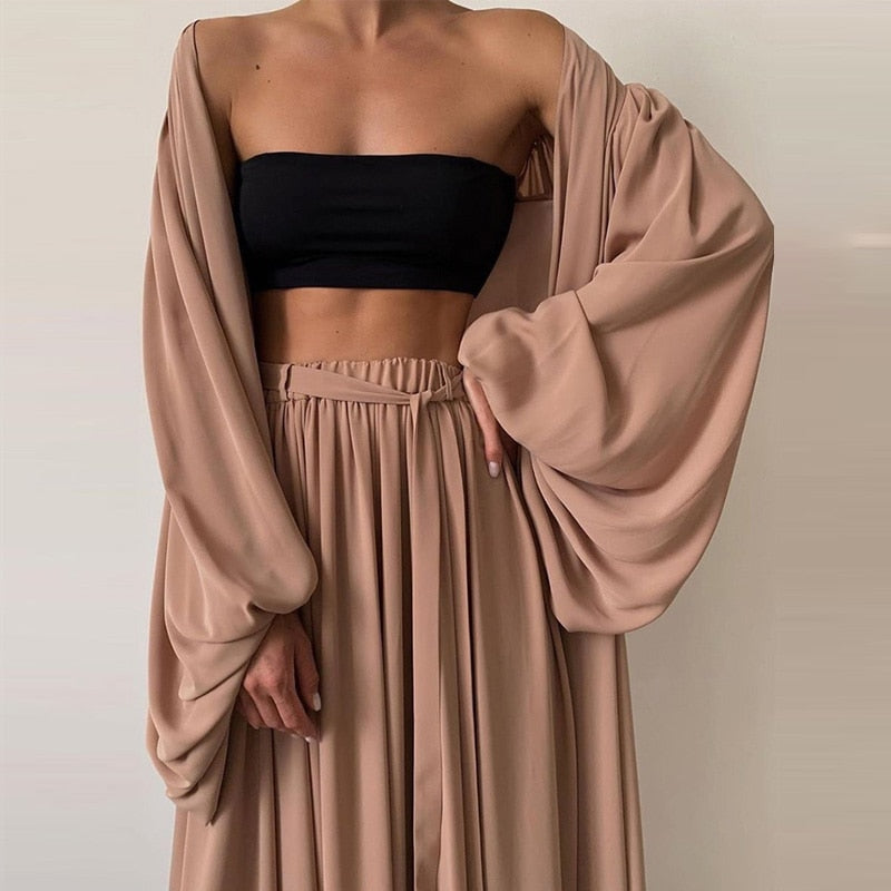 Women 3 Piece Sets Homewear Fashion Casual Lantern Sleeve Cardigan Tops+Wide Leg Pants Suits Lady Spring Soft Three Piece Outfit Coffee