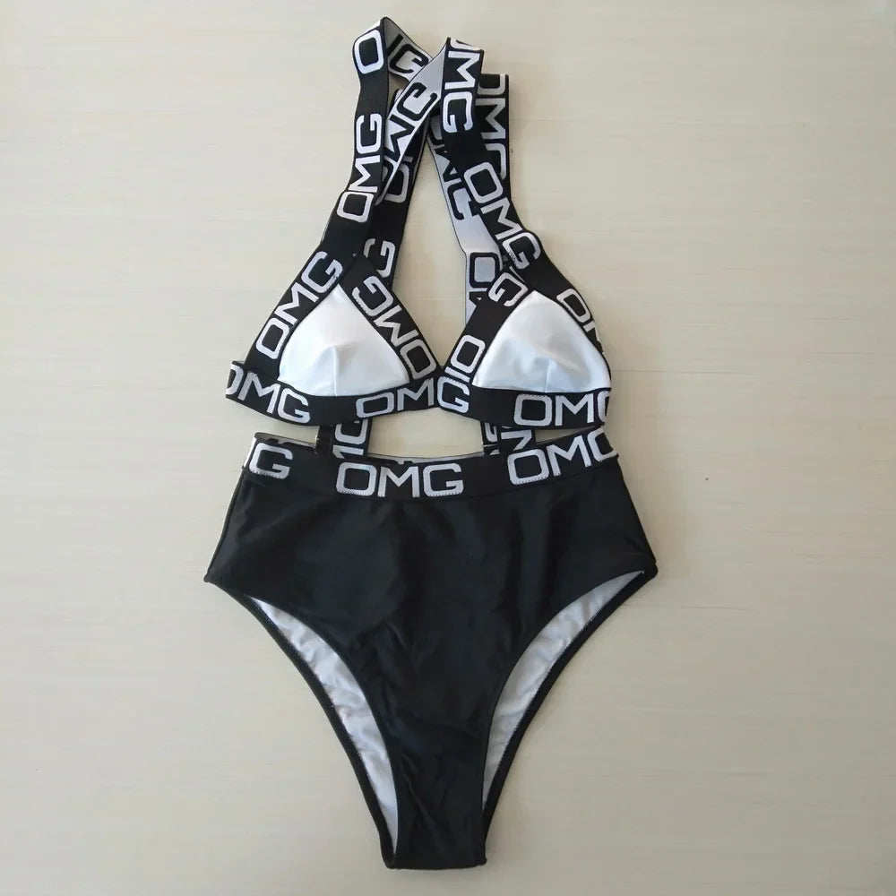 Neon Women Swimsuit Push Up Bikini Swimwear High Waist Bathing Suit OMG Letter Print One Piece Monokini Beachwear Swimsuit white