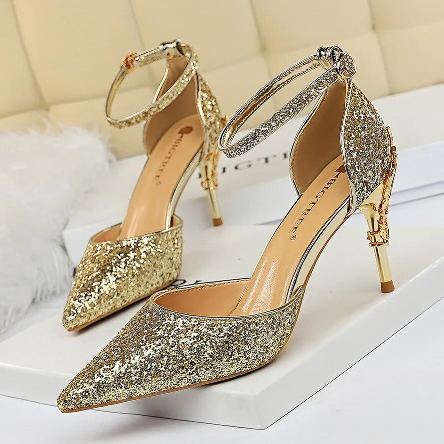 Shoes Heels 2024 New Woman Pumps Sequins High Heels Women Shoes Fashion Ladies Shoes Gold Sliver Stiletto Heels Sandals 238-A5-7.5cm-gold