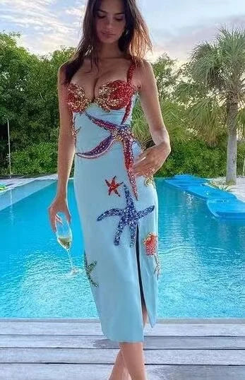 Blue Beaded Sequins Star Slim Sexy Spaghetti Strap Ruffle Celebrity Night Club Party Designer Dress Vestidos Blue