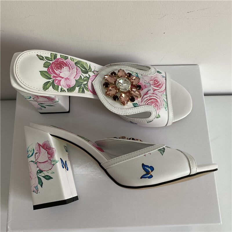Print Butterfly-Flower Real Leather Sandals Women 10cm Square High Heel Open Toe Slingbacks Rhinestone Runway Mules 10cm Heel