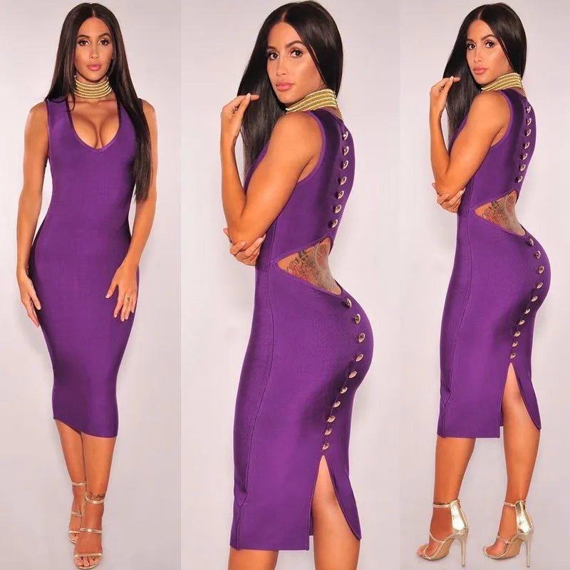 Wholesale Sexy V Neck Cut Out Black Purple Knee Length Women Summer Bandage Dress 2021 Fashion Evening Party Dress Vestido
