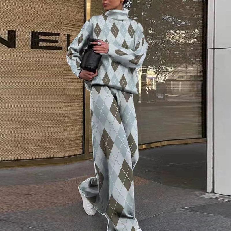 High Collar Long Sleeve Top + Pants Suit Autumn Winter Fashion Print Women Suit High Street Ladies 2 Piece Set