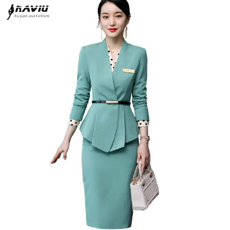 Novo elegante negócio saia terno feminino outono formal manga longa magro  carreira blazer e saia senhoras do escritório mais tamanho s-4xl