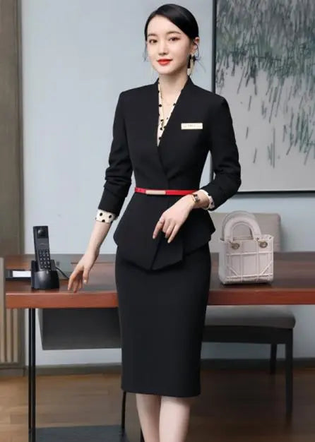 High-End Professional Skirt Suits Women Temperament Autumn Winter Formal Slim Blazer Sets Office Ladies Business Work Wear Black coat and skirt