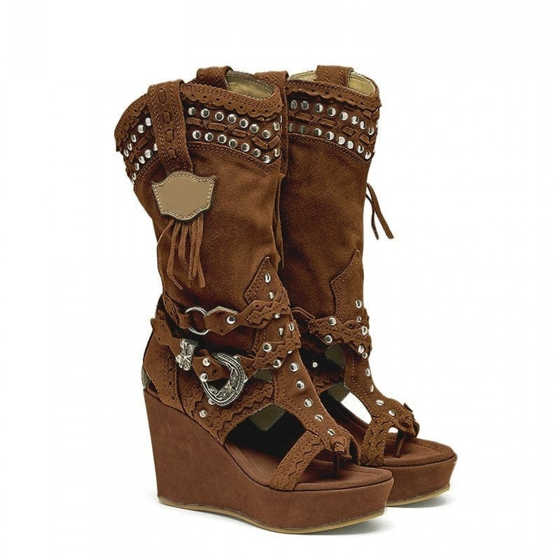High Heels Ladies Ankle Boots Shoes Retro Canvas Cowboy Wedges Boots Women's Shoes Tailoring Sandals Women Mujer Sapato Feminino dark brown