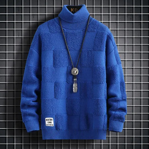 High Neck Thickened Warm Sweater/ Men's Winter Pure Korean Slim Casual Fashion Brand Loose Check Knitted Pullover Blue
