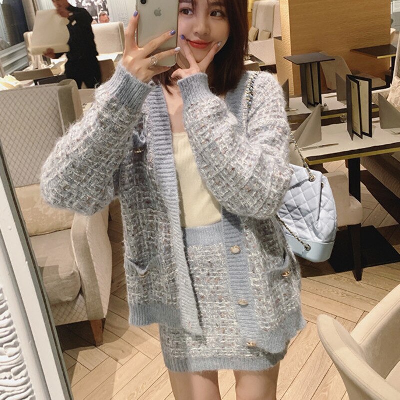 Fall Winter Sweater Suits Knitted 2 Piece Set Korean Casual Cardigan Coat & Bodycon Mini Skirt Two Piece Set Women