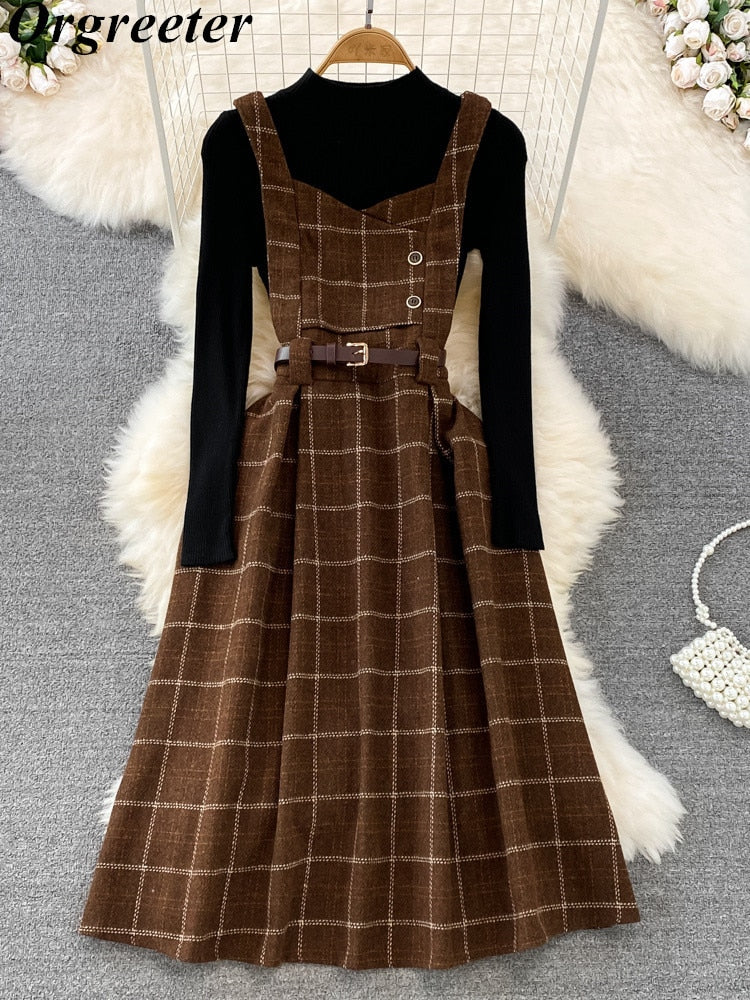 Fall Winter Women Sweater Overalls Dress Sets Casual Knitted Tops +Plaid Woolen Dress 2 Piece Sets Outfits Female