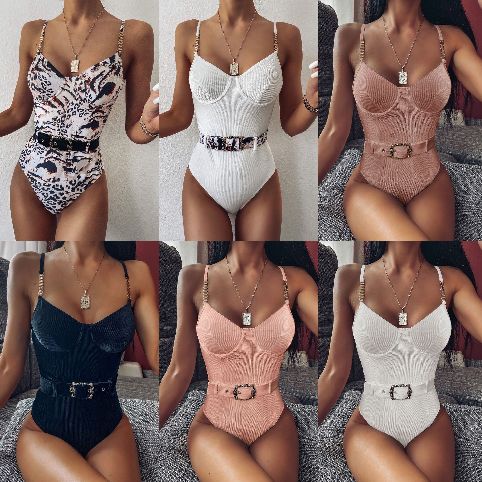 Sexy One Piece Swimsuit Swimwear - Push Up Pit Striped Metal Chain Straps Bathing Suit Beachwear with Belt