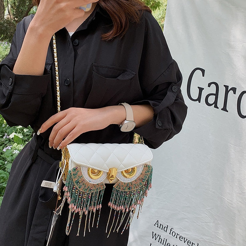 High Quality Women's Bag Fashion Owl Purses and Handbags Chain One Shoulder Messenger Bag Luxury Designer Tassel Bags for Women AMAIO