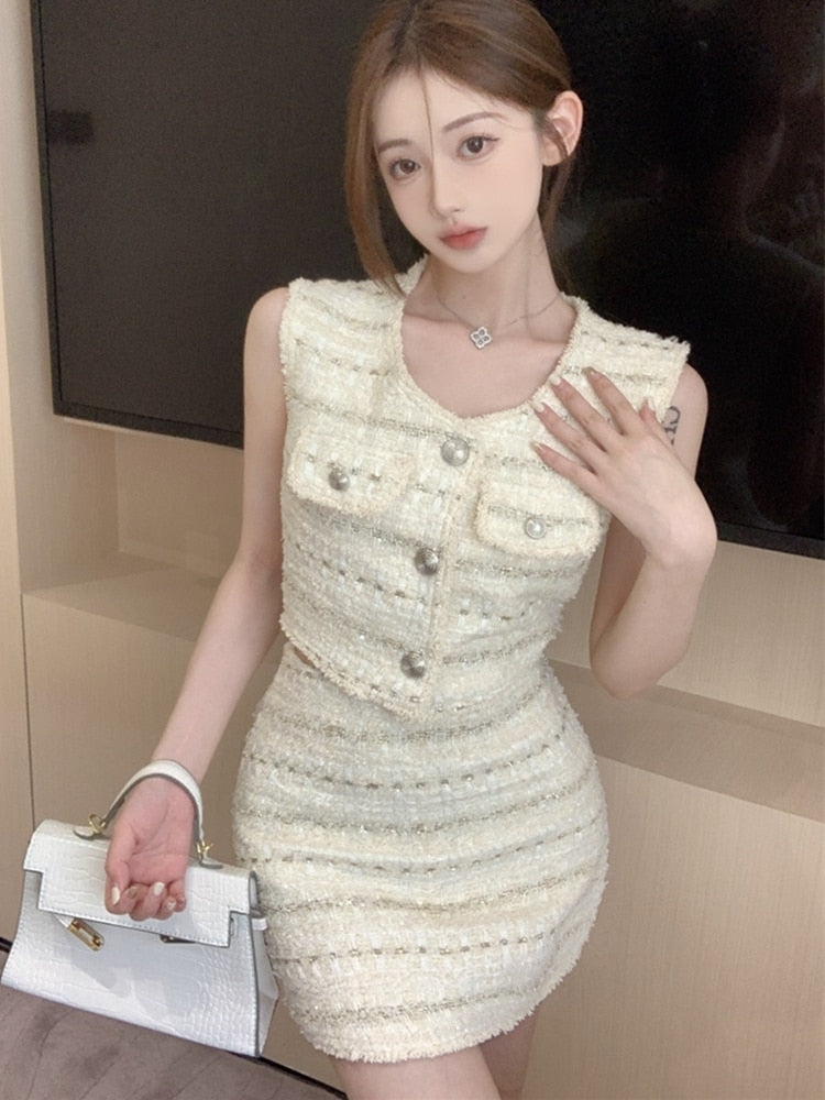 High Street French Luxury Small Fragrance 2 Piece Set Women Vest Crop Top + Skirt Suits Korean Elegant Fashion Two Piece Outfits