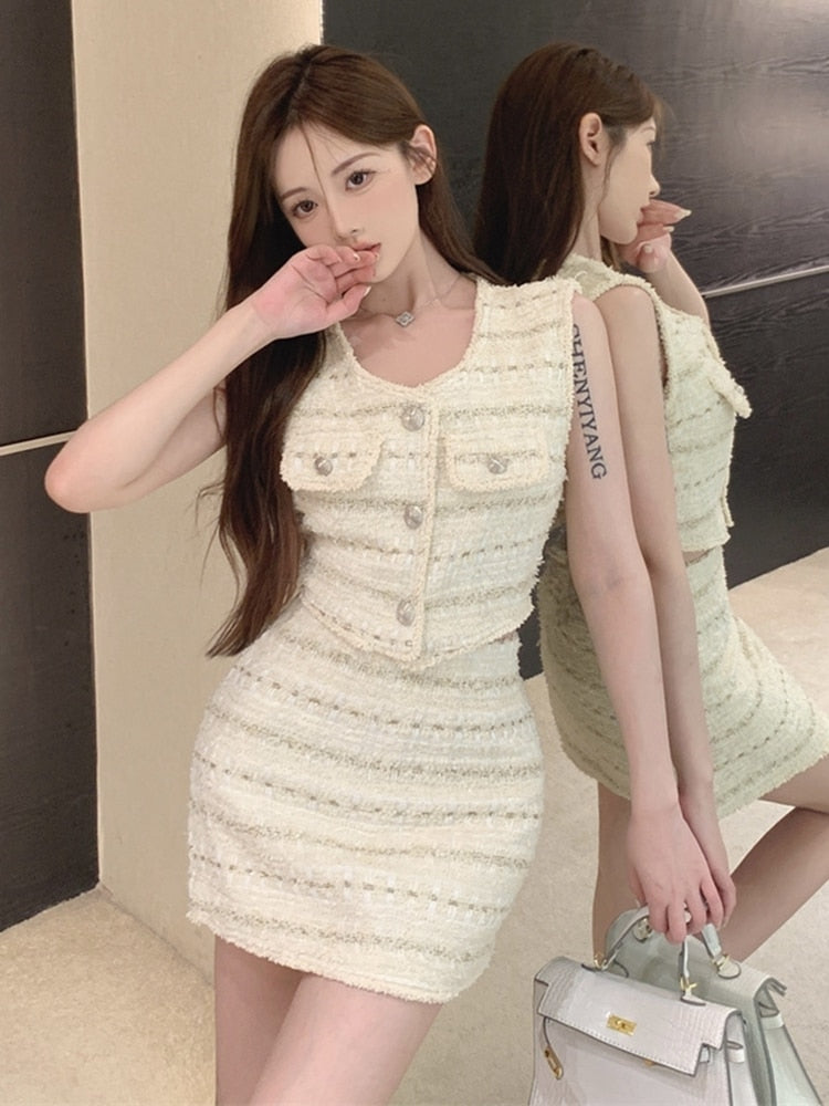 High Street French Luxury Small Fragrance 2 Piece Set Women Vest Crop Top + Skirt Suits Korean Elegant Fashion Two Piece Outfits
