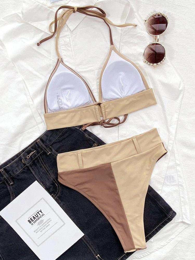 High Waist Bikini Set Patchwork Swimwear - Swimsuit V-Neck Bikini Bather Bathing Suit Summer Beach Wear