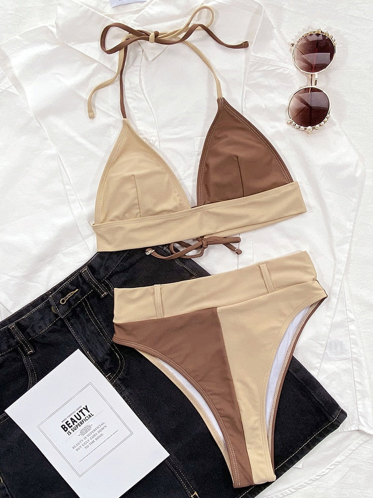 High Waist Bikini Set Patchwork Swimwear - Swimsuit V-Neck Bikini Bather Bathing Suit Summer Beach Wear