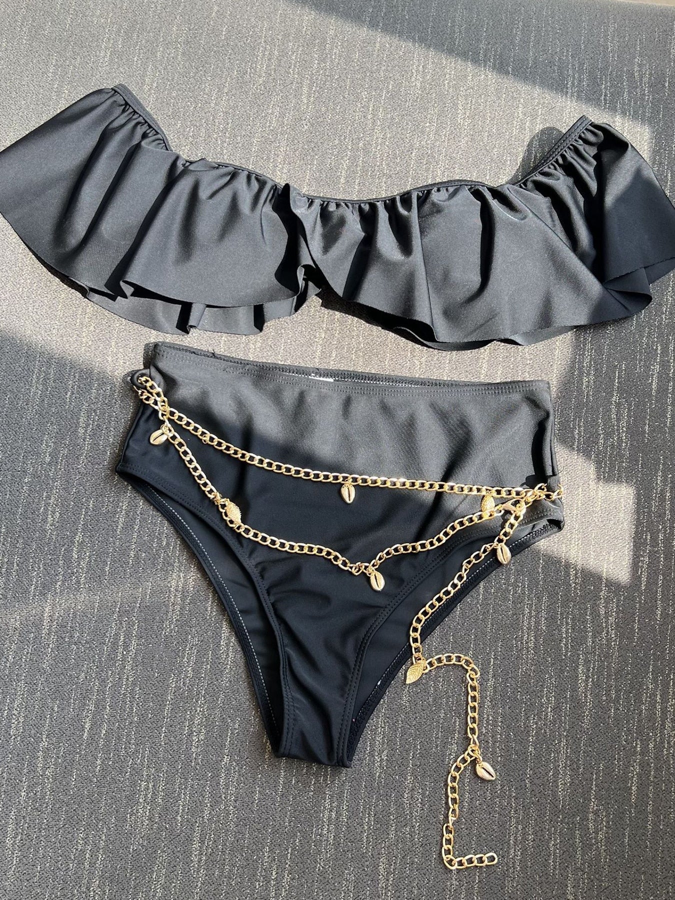 High Waist Bikini Sets Swimsuit - Sexy Chain Bathing Suit Off The Shoulder Beachwear Swimming Suit
