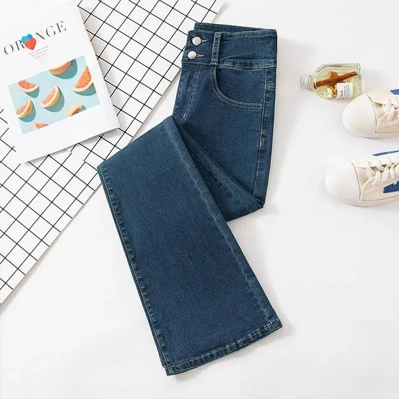 High Waist Double Buckle Bell Bottom Jeans Korean Fashion Slim Skinny Streetwear Denim Trousers Spring Autumn Washed Women Jeans Retro blue