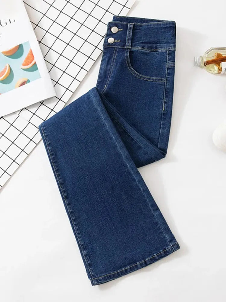 High Waist Double Buckle Bell Bottom Jeans Korean Fashion Slim Skinny Streetwear Denim Trousers Spring Autumn Washed Women Jeans